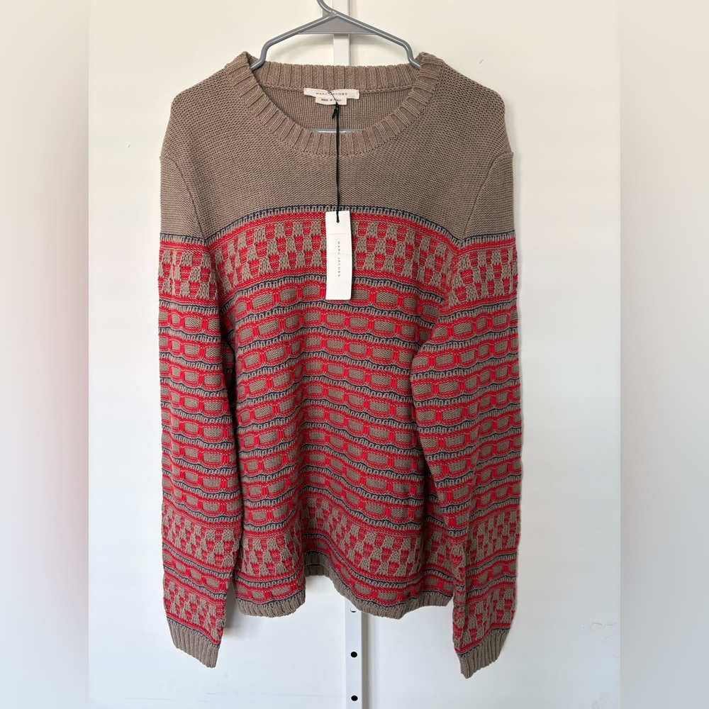 Marc Jacobs Knit Sweater Red Tan Patterned Crewneck XL
